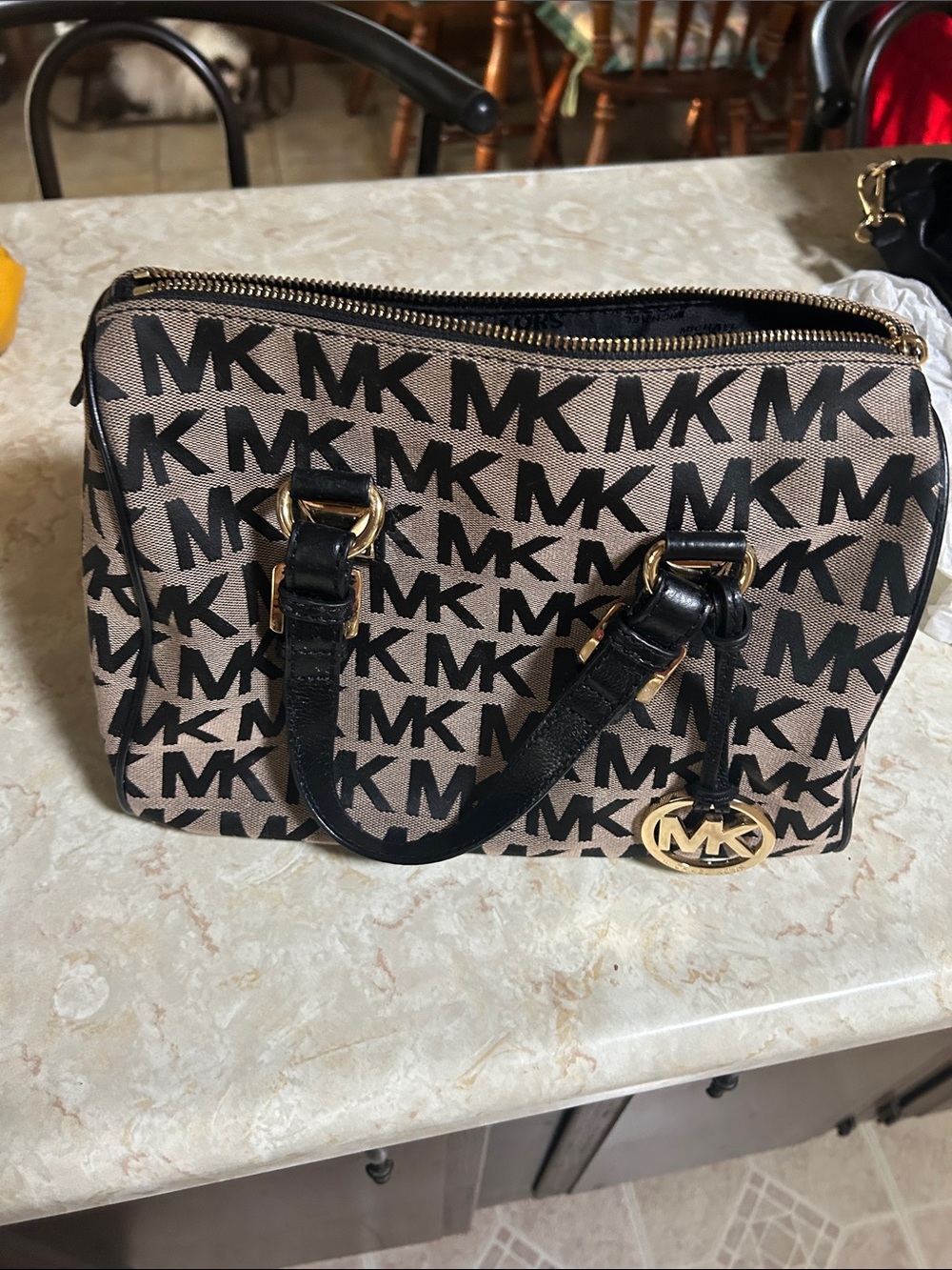 MICHAEL Michael Kors Taupe MK Logo Satchel with Black Handles and Gold Hardware